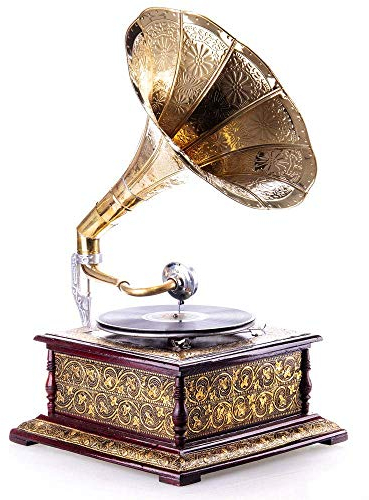 Vintage Grammophon „Villa Josephine“ – Nostalgisches Trichtergrammophon aus geschnitztem Holz & Gold-Applikationen, voll funktionsfähig, spielt Schellackplatten mit Handkurbel, inkl. Platte & Nadeln,