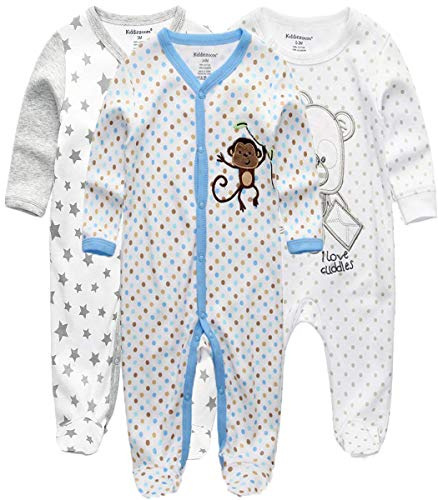 Kiddiezoom Unisex Schlafstrampler Baby Jungen Overall 3er Pack Pyjamas Baumwolle Strampler Jumpsuits Langarm Spieler Babykleidung mit