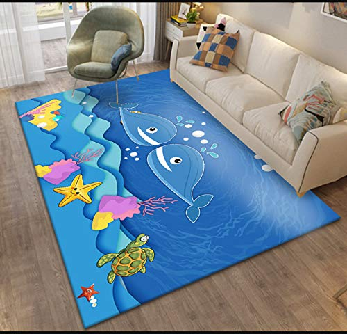 Kinder Teppich, Cartoon Unterwasserwelt Fisch Schildkröte Seestern Blau Polyester Teppich, Kinderzimmer Schlafzimmer Dekoration Bodenmatte 80Cmx150Cm