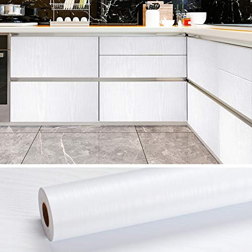 VEELIKE Tapeten Holzoptik Weiß Klebefolie Möbelfolie Modern 40cm x 1800cm Wandtapete Küche Selbstklebende Folie Küchenrückwand Badezimmer Schlafzimmer Wohnzimmer Dekofolie Wandpapier