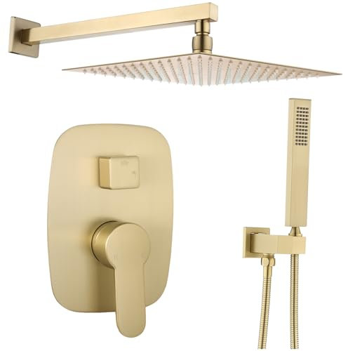 Delnet Concealed Shower Mixer Set 12 Inch Ceiling Mounted Rainfall Shower Head System with Handheld Spray Bathroom Brass Shower Faucet Set, Brushed Gold