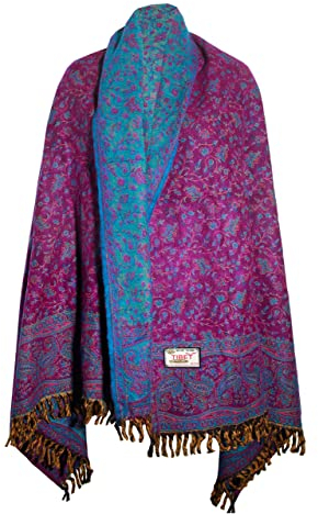 TIBET Handgefertigter luxuriöser Schal mit floralem Muster, übergroß, wendbar, aus reiner Yakwolle, Violett / Blau, violett, blau, One size