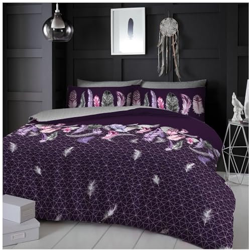 GC GAVENO CAVAILIA Feather Duvet Cover Set - Geometric Kingsize Bedding Set Reversible Diamond Shape Quilt Cover Set With Matching Pillowcases - Purple - 230 x 220 Cm