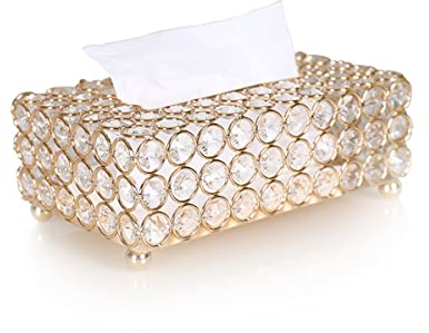 Kristall Komestikbox 20 × 13 × 6 cm Rechteckig Gold Deko Taschentuchbox, Metall Strasssteine Glitzer Kosmetiktücher Desktop Seidenpapier Tissue Box für Schlafzimmer Bad Wohnzimmer
