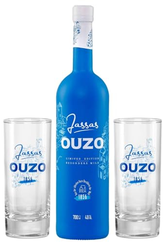 Jassas Ouzo 40% 0,7l Premium Flasche + 2 Longdrink Gläser | Besonders mild | Limited Edition | Älteste Ouzo Destillerie der Welt 1856