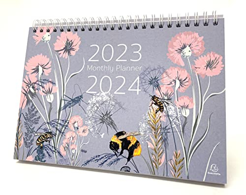 Exacompta - Ref GS022Z Monatsplaner und Tischkalender Juli 2023 – August 2024, Bienen- und Blumen-Design, Monat pro Seite, inklusive Feiertagen in Großbritannien, 210 mm x 150 mm groß, steht sicher