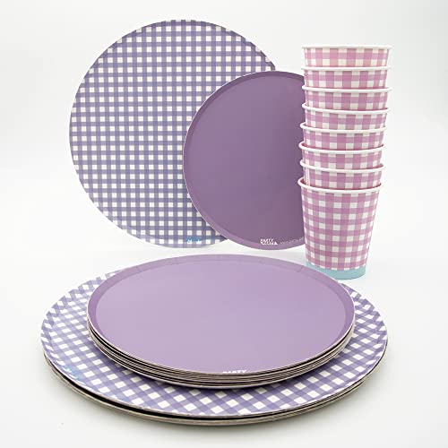 PARTY PARTY Einweg Partygeschirr-Set Lila Kariert, Gingham, Vichy, 24-teilige Party-Deko für 8 Gäste (Pappbecher, Pappteller, Dessertteller), Geburtstag, Party, Veranstaltung