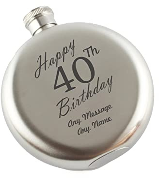 Personalised Engraved 5oz Round Silver Stainless Steel Hip Flask, Happy 40th Birthday Design, Gift for Him, Happy Birthday Gift, Laser Engraved in The UK