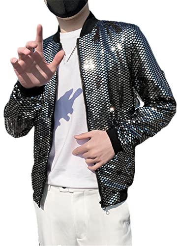 Ruereuu Herren-Bomberjacke mit Pailletten, lange Ärmel, Glitzer-Reißverschluss, dünner Hip-Hop-Mantel, A77 Silber, XXXX-Large