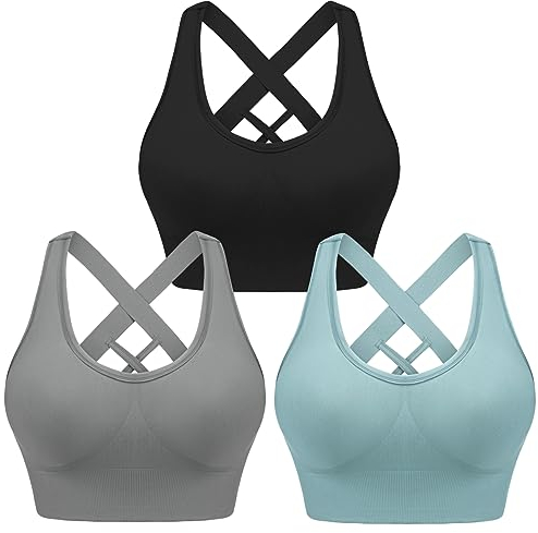 Leversic Sport BH Damen Push up, Sports Bra Ohne Bügel Sport BH Rückenfrei, mit Breiten Trägern für Besseren Halt und Unterstützung, 3PCS-Schwarz+Blau+Grau, M