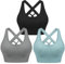 Leversic Sport BH Damen Push up, Sports Bra Ohne Bügel Sport BH Rückenfrei, mit Breiten Trägern für Besseren Halt und Unterstützung, 3PCS-Schwarz+Blau+Grau, M