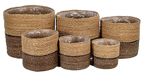 DARO DEKO Seegras Korb rund dreifarbig 6er Set mit Einsatz Blumentopf geflochten Aufbewahrungskorb Über-Topf Blumenkorb