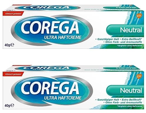 Monxu 2er Pack Coreg-a Neutral Geschmacksneutral Extra Starker Zahnersatz Kleber, Zahnkleber Kleber für den ganzen Tag, mehr Komfort, 40 g x 2 = 80 g