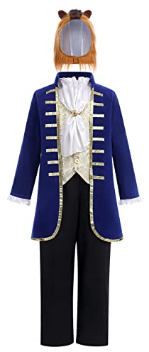 Kinder Jungen Die Schöne und das Biest Kostüm Halloween Cosplay Fasching Verkleiden Karneval Weihnachten Geburtstagsfeier Kleidung Smoking Mantel Hemd Hosen Kopfbedeckung Set Königsblau 10-12 Jahre