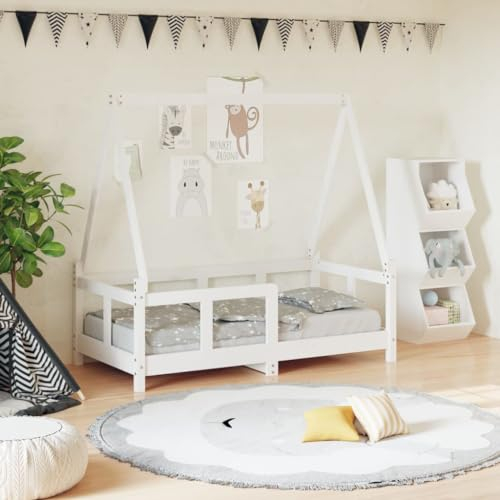 Festnight Hausbett Design 70x140 cm mit Zaun und Lattenrost - Vielseitiges Holz Kinderbett 70x140 cm für Jungen & Mädchen - Kinder Haus Bett aus Kiefer Holz Jugendbett Weiß#2