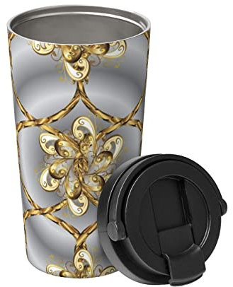 501 Mug Isotherme Avec Poignée Motif De Pétale D'Or Artistique Tasse De Voyage Réutilisable Tasse De Voiture Avec Couvercle Mug Isotherme, Pour Boissons Chaudes Et Froides, Café, 17 Onces