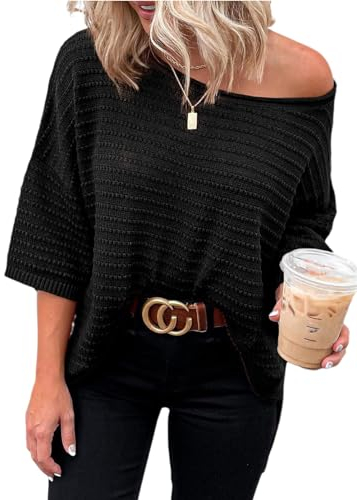 Cuptacc Top Damen 2024 Mode Loose Fit Rundhals Pullover Damen Herbst 3/4 Ärmel T-Shirt Damen Schwarz Groß L 42-44