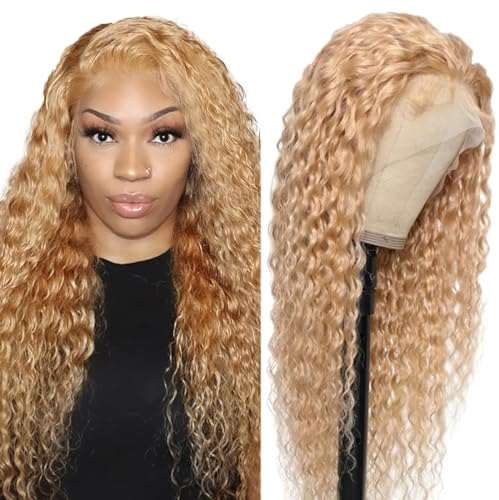 Hxxcoup Wig Human Hair Perücken Damen Echthaar Deep Wave Blonde Perücken Lace Frontal Glueless Lange Perücken Transparent Swiss Lace Grade 8A 100% Brazilian Remy Hair for Women No Smell 22 Zoll