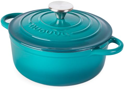Casseruola in Ghisa Smaltata, Pentola Olandese Antiaderente con Coperchio, Induzione/Gas/Forno, Cottura Omogenea – 2.1 Liter 20cm Turchese – da Nuovva