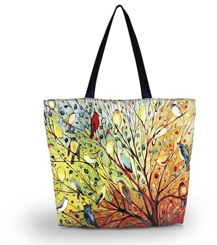 newplenty Strandtasche mit Reißverschluss, Einkaufstasche Faltbar, Große Wasserdichte Handtasche Damen Umhängetasche (Vögel)