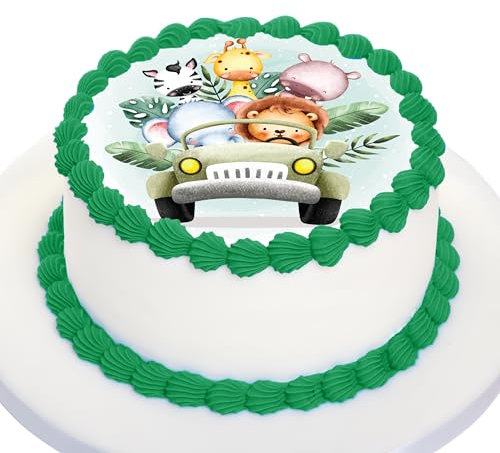 Kardasis Dschungeltiere Zuckerpapier Tortenaufleger | Essbarer Aufleger für Torten und Kuchen | Tortendekoration für den Dschungeltiere Themengeburtstag | 20cm rund Zuckerpapier