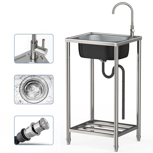 Spülbecken Edelstahl Freistehender, Kommerzielle Edelstahlspüle mit 360° Wasserhahn, Küchenspüle Waschbecken Ganzstahl Abtropffläche, für Küche, Garage, Waschküche, Outdoor (33x38x82cm)