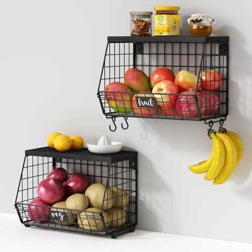 Goozii Juego de 2 cestas de almacenamiento para colgar en la pared de cocina, rústicas, apilables, organizador de frutas, cestas de alambre para verduras, ajo, productos, cebolla y papa (estante