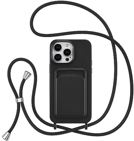 ZTOFERA Crossbody Lanyard Case for iPhone 15 Pro Max (6.7) with Card Holder, Soft Liquid Silicone Phone Case with Strap Adjustable Neck Cord Necklace Shockproof Protective Cover - Black