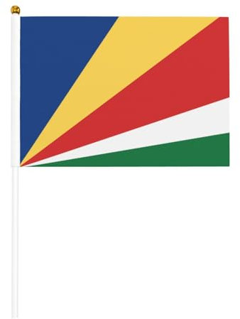 Bandera de Seychelles coloridas banderas de mano, bandera vibrante con mástil, para deportes, olímpicos y celebraciones, París, Francia 2024