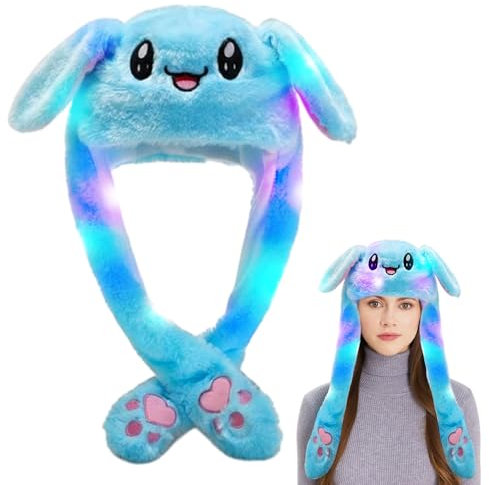 mizikuu Hasenohren Hut, Hasen Mütze mit Wackelohren LED Beweglichen Ohren Drücken der Tiermütze Niedlicher Leuchtender Hasen Plüsch Hut für Partys, Cosplay, Weihnachts Geschenk, Karneval, Blau