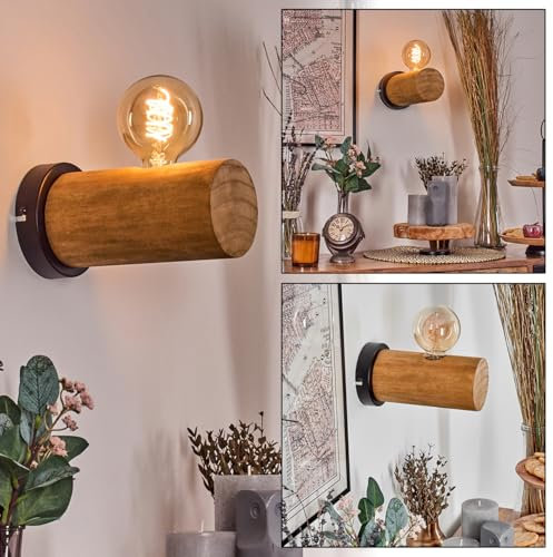 HOFSTEIN Wandleuchte Argea, Wandlampe aus Metall/Holz in Grau/Naturfarben, moderne Leuchte im Vintage/Industrial-Design mit Holzbalken, E27, Wohnzimmer, Schlafzimmer, Küche, Flur, Treppenhaus