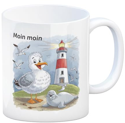 speecheese Fröhliche Möwe und Leuchtturm Kaffeebecher - MOIN MOIN mit flauschigen Federn, weißer Streifen, leuchtendem roten Signalobjekt, 300 ml, Keramik, Spülmaschinenfest