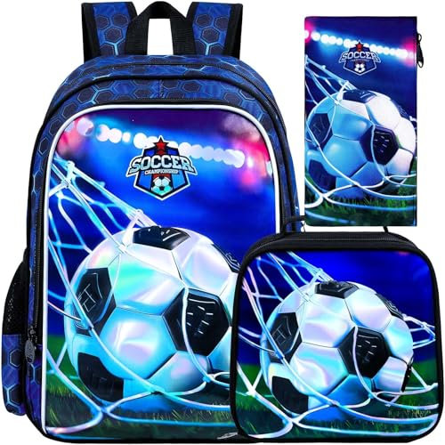 gxtvo Kinder-Fußball-Rucksack für Jungen, 40,6 cm, Kinder-Büchertasche mit Lunchbox, wasserabweisend, Schultasche für Grundschule, Kleinkinder, 3 Stück, UV-Druck, Rasen, Fußball, Blau, Einheitsgröße,