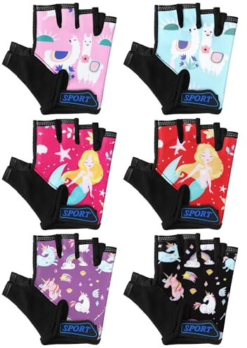 Fourluoo 6 Pairs Christmas Kids Bike Gloves Gift Cute Fingerless Gymnastics Workout Golf Gloves for Girls Boys(5-8 Years,Lovely)