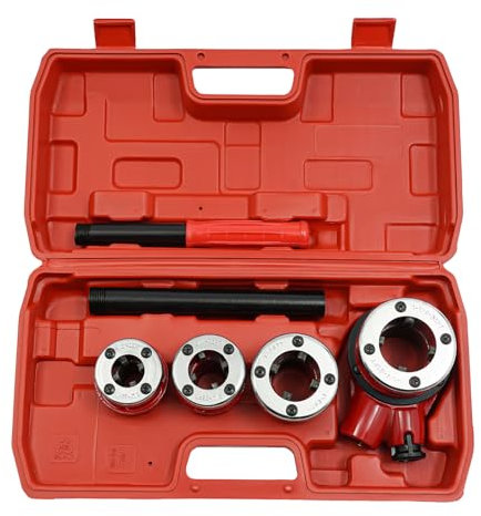 Rohrgewindeschneidsatz, Gewindeschneidkluppe Schneideisen Gewindeschneider Rohrschneider mit Ratschenverlängerung, Rot Koffer