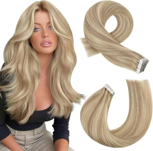 Moresoo Tape in Extensions Blond Haarverlängerung Blonde Echthaar Tapes Goldblond mit Mittelblond Tape Extensions Echthaar Seidig Gerade 20 Stück 50g/Pack #P16/22 45 cm