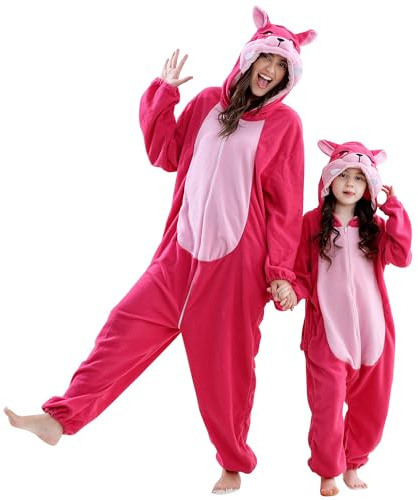 COOKY.D Unisex Animal Adult Hooded Cosplay Pyjamas All in One Parents Jumpsuit Gaming Costume Mother Sleepsuit Family Outfits,Pink Fox L