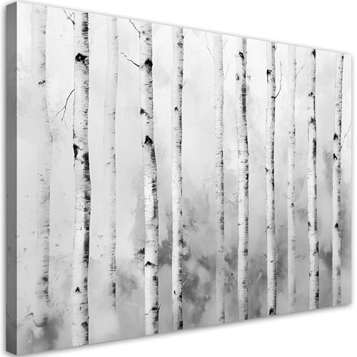 Feeby Leinwandbild - Bilder Wohnzimmer - Birkenwald Landschaft Natur - 90x60 1tlg - Deko Schlafzimmer - Wanddekoration - Aesthetic - Groß Moderne Bild - Foto auf Leinwand