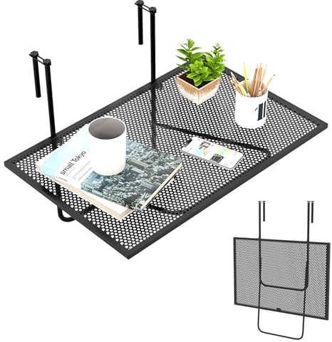 KOMFOTTEU Balkonhängetisch zum Einhängen, klappbarer Servicetisch, Balkontisch 60,5 cm x 48 cm (L x B), bis 20/23 kg belastbar, Hängetisch aus Metall, Schwarz (Nicht höhenverstellbar)