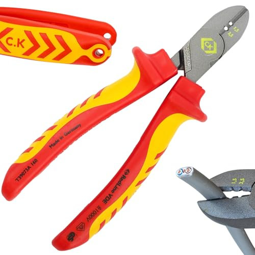 C.K Redline 2025 Edition VDE Cable Cutter & Stripper 160mm, German Made Electrical Insulated Wire Side Cutters, Lanyard Ready Heavy Duty Electrician Croppers, Electricians Snips, CK Tools T39073A 160