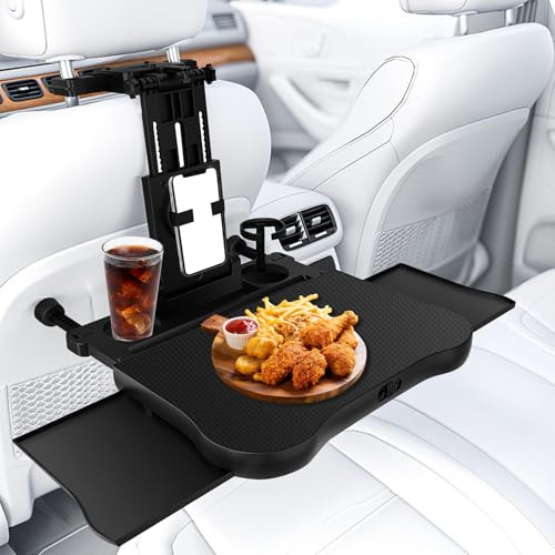 Auto Tisch mit Ausziehbarem Tablett und Getränkehalter, Auto Tisch für Rücksitz Beifahrer,Multifunktional Esstisch für Kinder Erwachsene Klappbar Einstellbar (Belastbarkeit 15-20 kg)