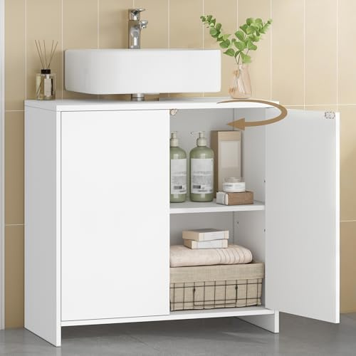 Hzuaneri Waschbeckenunterschrank, Unterschrank, Badezimmerschrank, Weiß | Verstellbare Einlegeböden, Badschrank mit 2 Türen, Freistehend, Moderner, 30 x 60 x 60 cm, BC00603X