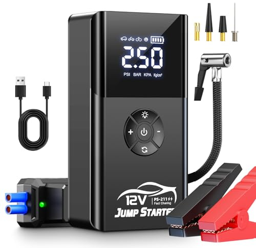 PSOOO 8000A Car Jump Starter with Air Compressor 180PSI, 12V Smart Clamps, LED Flashlight, Portable Battery Booster for All Petrol/Diesel Vehicles (Black)