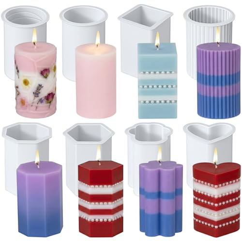 Thinp 8 Pcs Silicone Candle Molds, 2.8in Candle Making Molds 3D Pillar Hexagonal Cylinder Resin Mold for Candles Making Soaps DIY Crafts (6 Styles)