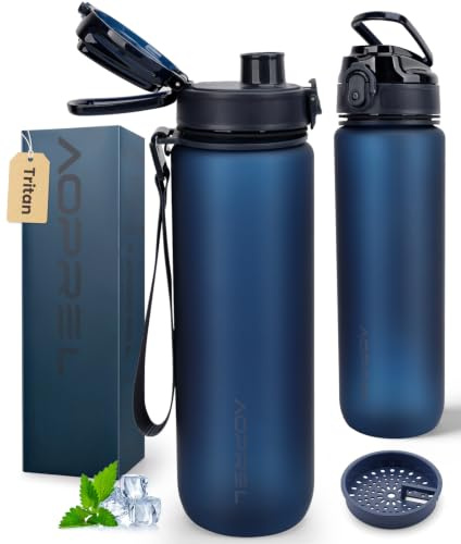 AOPREL Leakproof Water Bottle 1L/650ML with Time Marker, BPA-Free Tritan | Suitable for Carbonated Drinks, Upgraded Seal, Fruit Infuser & Detachable Strap, Flip Top Drinking Bottle for Sport & Outdoor