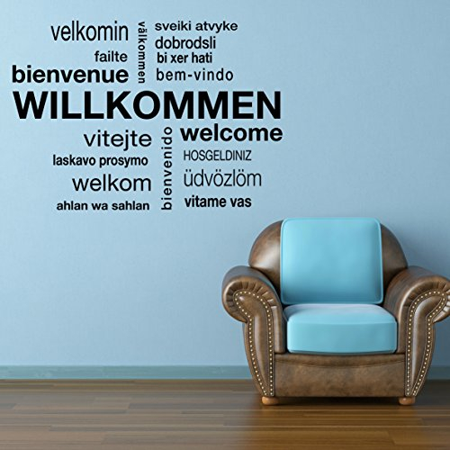 HERZLICH WILLKOMMEN Wandtattoo Sticker Aufkleber Wandaufkleber wiederablösbar (30cm (B) x 21cm (H), Schwarz)