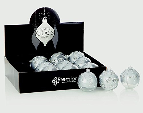 3 x Premier Silver & Clear Christmas Tree Decoration Glass Ball Baubles 80mm