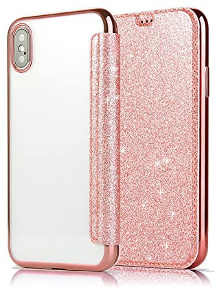 DasKAn Paillette Rabat Coque iPhone X/XS,Élégant Folio Porte-Carte Portefeuille Cuir Housse de Avant Transparent Ultra Mince Souple Fine Silicone Cadre de Placage Étui de Téléphone Arrière,Or Rose