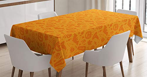 ABAKUHAUS Orange Tischdecke, Halloween-Kürbis-Schädel, Druck mit Klaren Farben ohne Verblassen Waschbar für innen oder Außen Bereich, 140 x 200 cm, Orange