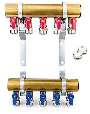 Messing Heizkreisverteiler 5 Heizkreise Set mit 10 x PEX Kugelhahn mit Klemmring 16mm x 1/2 AG & 2 x Entlüfter & 2 x Blindstopfen 1 Zoll | Systemverteiler Zentralheizung 2-12 Fach Verteiler Heizung
